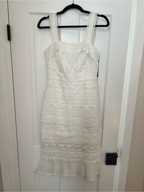 Nicole Miller White Lace Midi Dress with Ruffle Hem